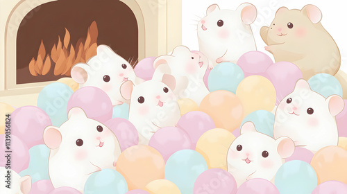 Cute mice playing in pastel ball pit near fireplace.