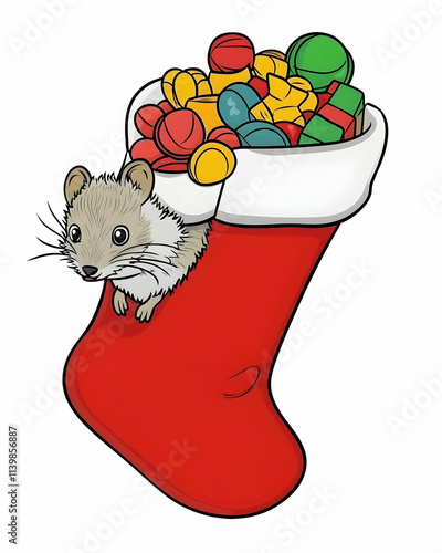 Cute mouse peeking from a Christmas stocking filled with colorful candies and treats. photo