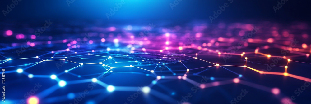 Obraz premium Abstract background with hexagons and bright lines on a blue gradient, a technology banner for a digital or futuristic concept vector presentation design