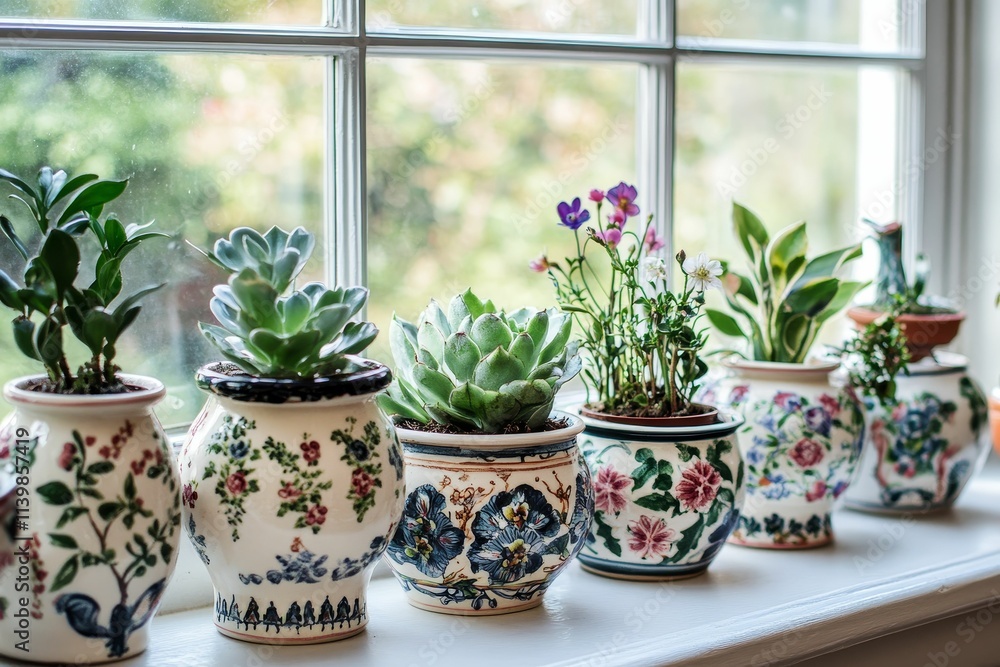 Ornate pots hold succulents and flowers on windowsill. Ornate pots hold succulents and flowers on windowsill.