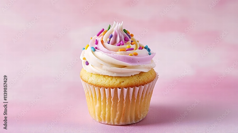 A single, vibrant cupcake topped with a swirl of pastel frosting and colorful sprinkles, elegantly placed in the center of a soft pink background, creating a whimsical and inviting atmosphere. A single, vibrant cupcake topped with a swirl of pastel frosting and colorful sprinkles, elegantly placed in the center of a soft pink background, creating a whimsical and inviting atmosphere.