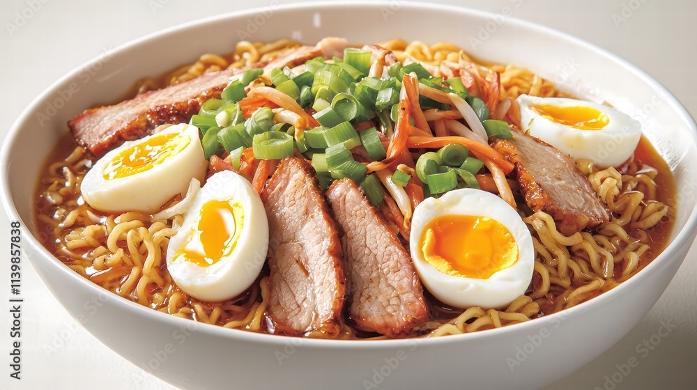 A vibrant bowl of ramen topped with succulent slices of pork, green onions, soft-boiled eggs with perfectly runny yolks, and intricate garnishes. The steaming noodles are nestled in a rich, savory A vibrant bowl of ramen topped with succulent slices of pork, green onions, soft-boiled eggs with perfectly runny yolks, and intricate garnishes. The steaming noodles are nestled in a rich, savory