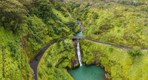 A view from top to the Maui waterfalls and one of the famous bridges which is the road to Hana