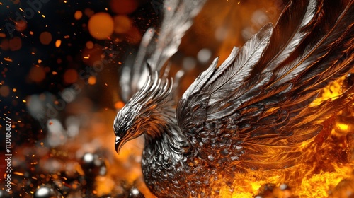 Fiery metallic phoenix rising from flames.