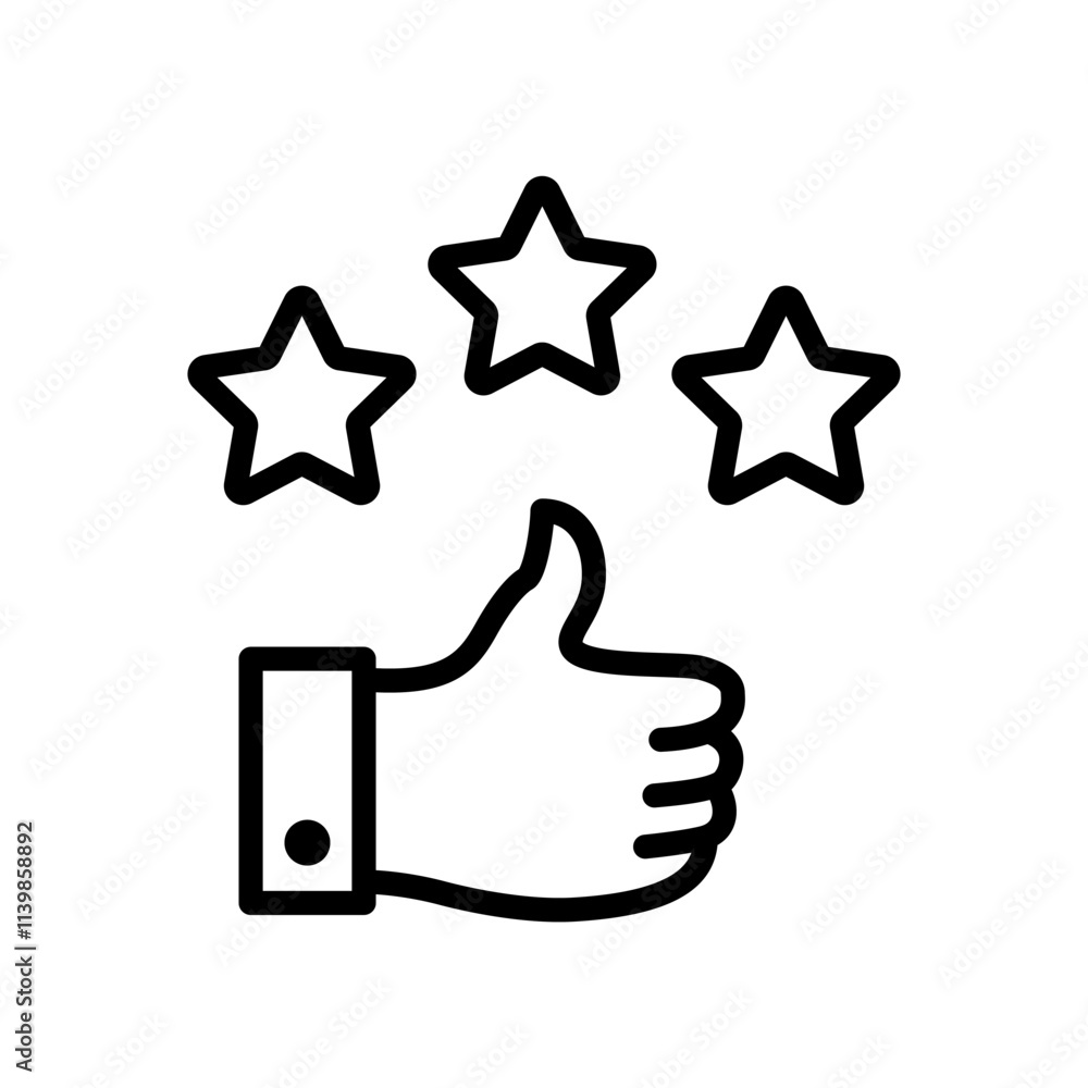 Like, thumb up and stars, Rating icon. Vector graphic sign with editable stroke line. Black line icon. Like, thumb up and stars, Rating icon. Vector graphic sign with editable stroke line. Black line icon.