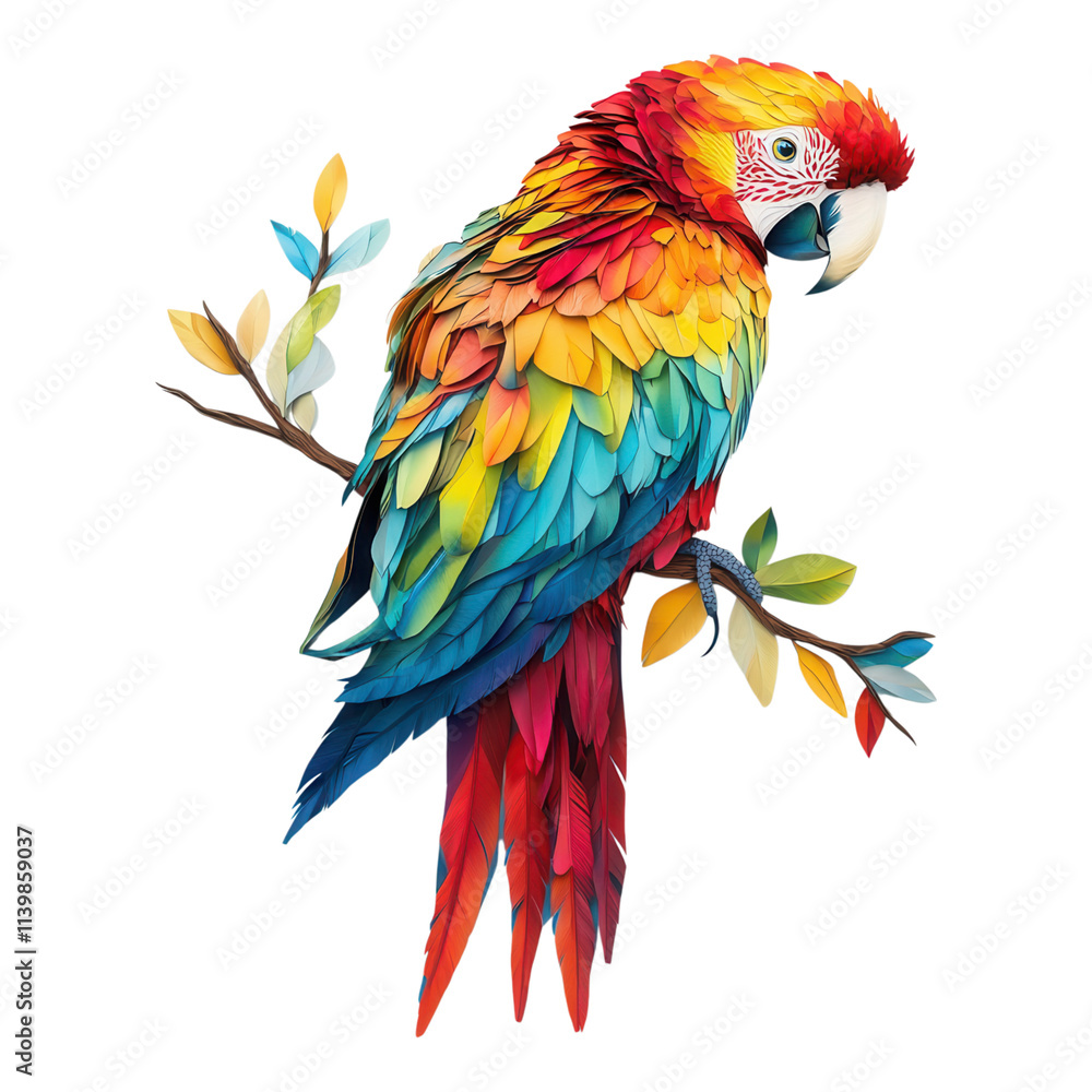 Obraz premium Colorful paper sculpture of a parrot perched on branch artistic creation indoor setting vibrant colors