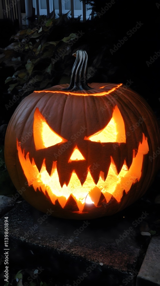 Obraz premium 109. A glowing jack-o'-lantern with a sinister grin, set against a moonlit backdrop