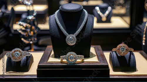 A high-end jewelry boutique with elegant display cases featuring sparkling diamond rings, necklaces, and watches. The luxurious interior exudes sophistication, luxury fashion, and premium shopping 