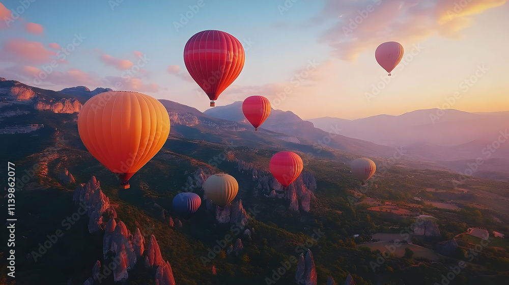 Obraz premium Sunrise Hot Air Balloons Landscape Illustration