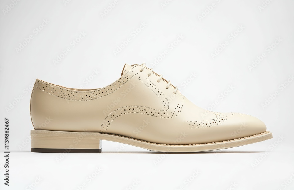 A glossy white beige shoe with fine stitching and a sophisticated design, shown in a side profile to emphasize its upscale appeal on the studio white background. A glossy white beige shoe with fine stitching and a sophisticated design, shown in a side profile to emphasize its upscale appeal on the studio white background.