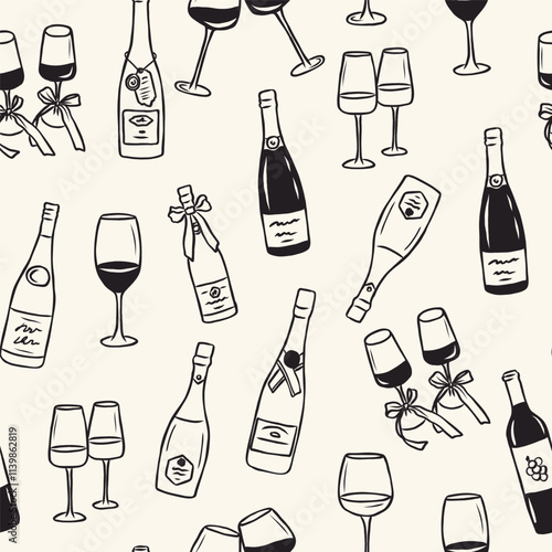 Hand drawn wine bottles and glasses background