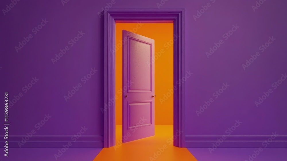 Open door revealing an orange interior, against a vibrant purple wall. A bold, vibrant, and colorful illustration of a passageway. Open door revealing an orange interior, against a vibrant purple wall. A bold, vibrant, and colorful illustration of a passageway.
