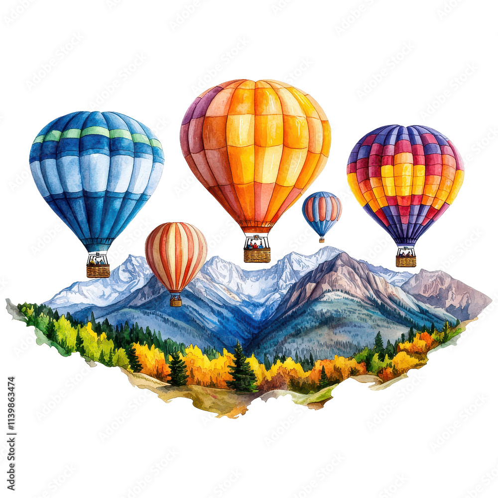 Obraz premium Colorful Hot Air Balloons Over Scenic Mountain Landscape in Vibrant Watercolor Style