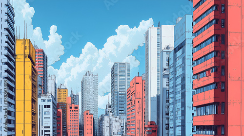 Vibrant Cityscape Under a Sunny Sky with Colorful Buildings
