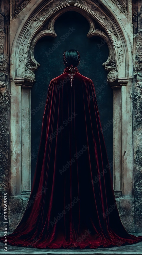 132. A vampire in a velvet cape, elegantly posed against a gothic backdrop 132. A vampire in a velvet cape, elegantly posed against a gothic backdrop