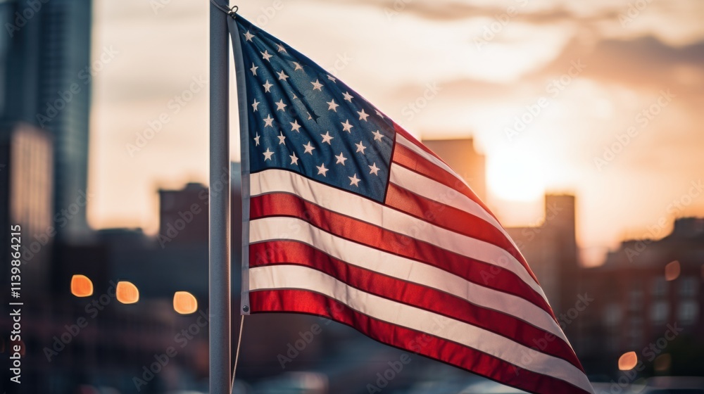 Naklejka premium photograph of American flag pole The city is blurred in the background.