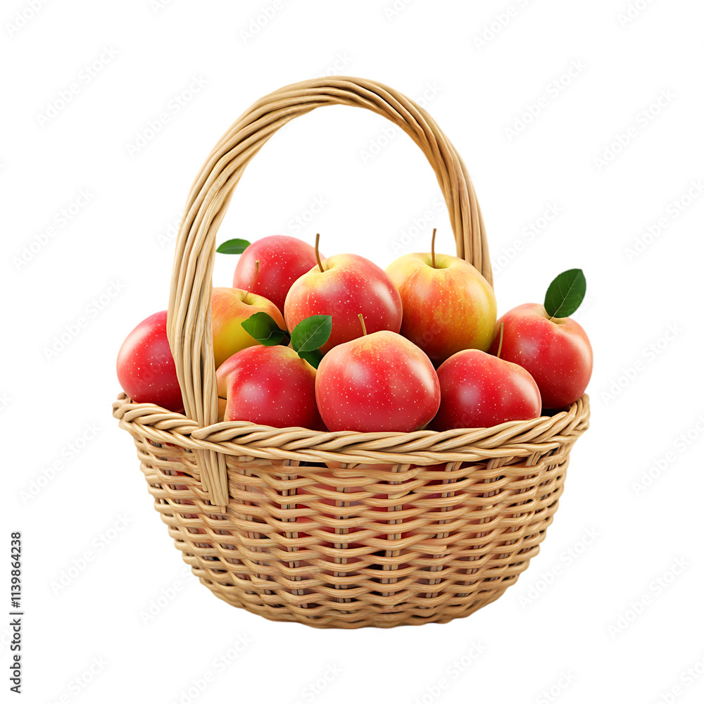 A wicker basket full of fresh fruits apples and lemons on a transparent background. A wicker basket full of fresh fruits apples and lemons on a transparent background.