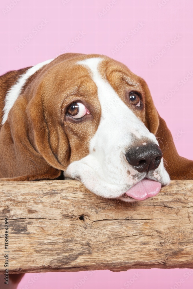 Playful Dog with Long Ears and Cheeky Expression on Pink Background Playful Dog with Long Ears and Cheeky Expression on Pink Background