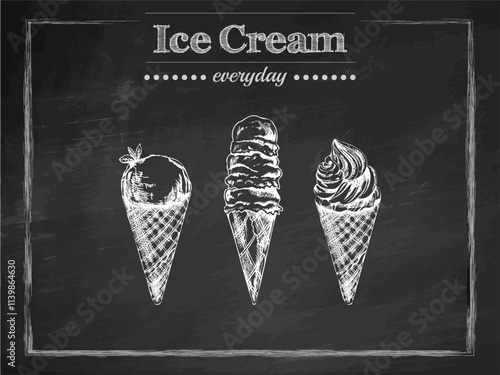 Vintage hand-drawn ice cream cones sketch on chalkboard background
