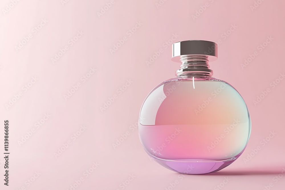 Round perfume bottle on pink gradient background, minimalism Round perfume bottle on pink gradient background, minimalism