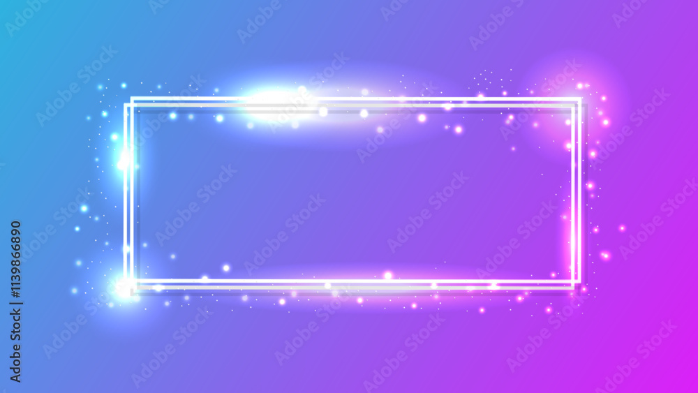 Obraz premium Neon double rectangular frame with shining effects and sparkles