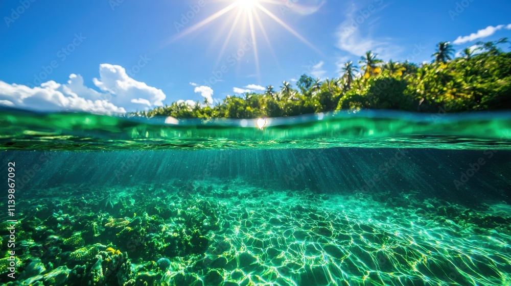 Atlantic weather ecosystem concept, A vibrant underwater scene showcasing clear turquoise water, coral formations, and sunlight filtering through, with lush greenery in the background. Atlantic weather ecosystem concept, A vibrant underwater scene showcasing clear turquoise water, coral formations, and sunlight filtering through, with lush greenery in the background.