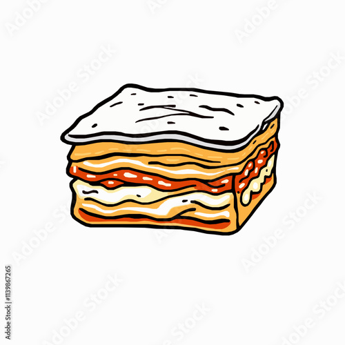 Baked Lasagna Slice with Cheese Layers – Black Outline Vector Illustration