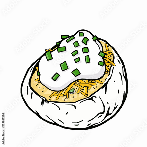 Baked Potato with Sour Cream and Cheese – Black Outline Vector Illustration