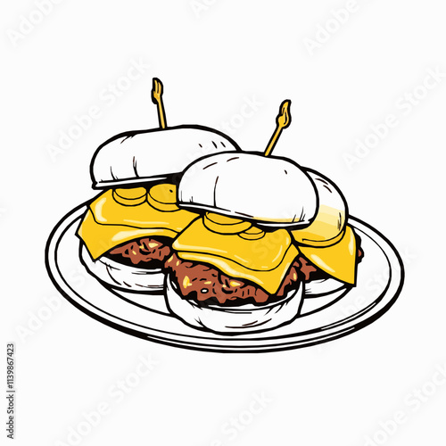 Beef Sliders with Cheese and Pickles – Black Outline Vector Illustration
