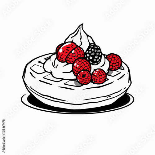 Belgian Waffle with Berries – Black Outline Vector Illustration