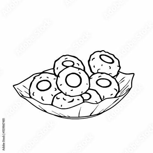 Bhajiya (Onion Fritters) on Paper Plate – Black Outline Vector Illustration