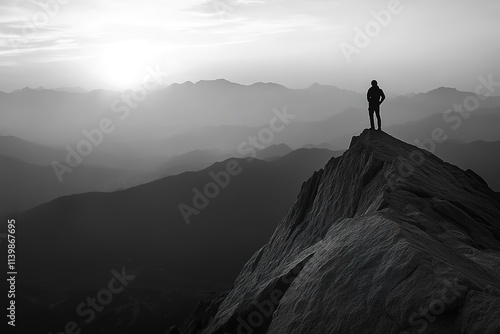 Silhouette of person on mountain peak at sunrise
