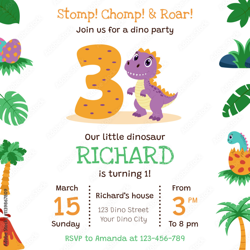 Dinosaur invitation. Birthday party invitation card with dinosaur and birthday anniversary number. Dinosaur invitation. Birthday party invitation card with dinosaur and birthday anniversary number.