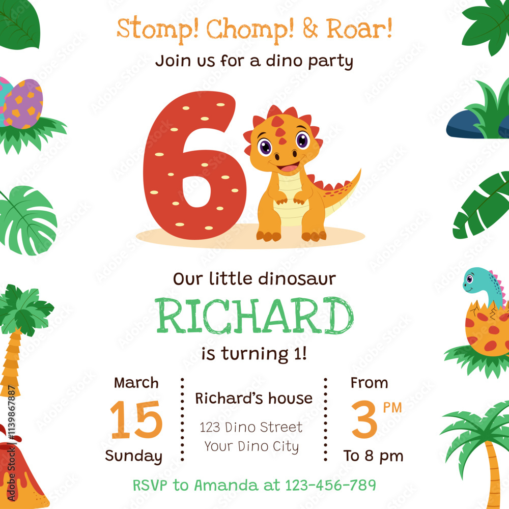 Fototapeta premium Dinosaur invitation. Birthday party invitation card with dinosaur and birthday anniversary number.