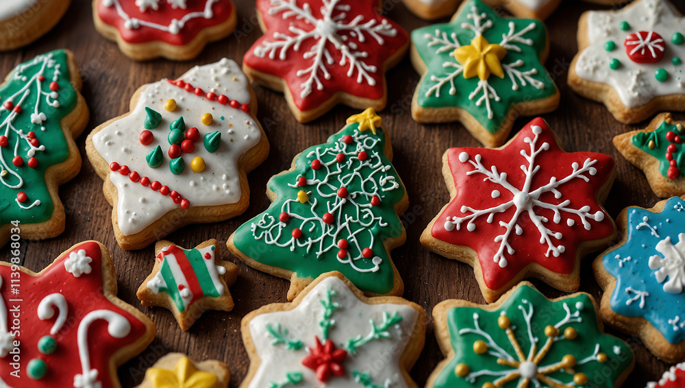 Christmas cookies, decorated with green and red icing, stars, trees, and candy Christmas cookies, decorated with green and red icing, stars, trees, and candy