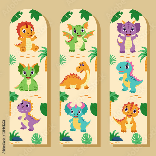 Dinosaur bookmarks. Set of bookmarks with dinosaurs and tropical plants.