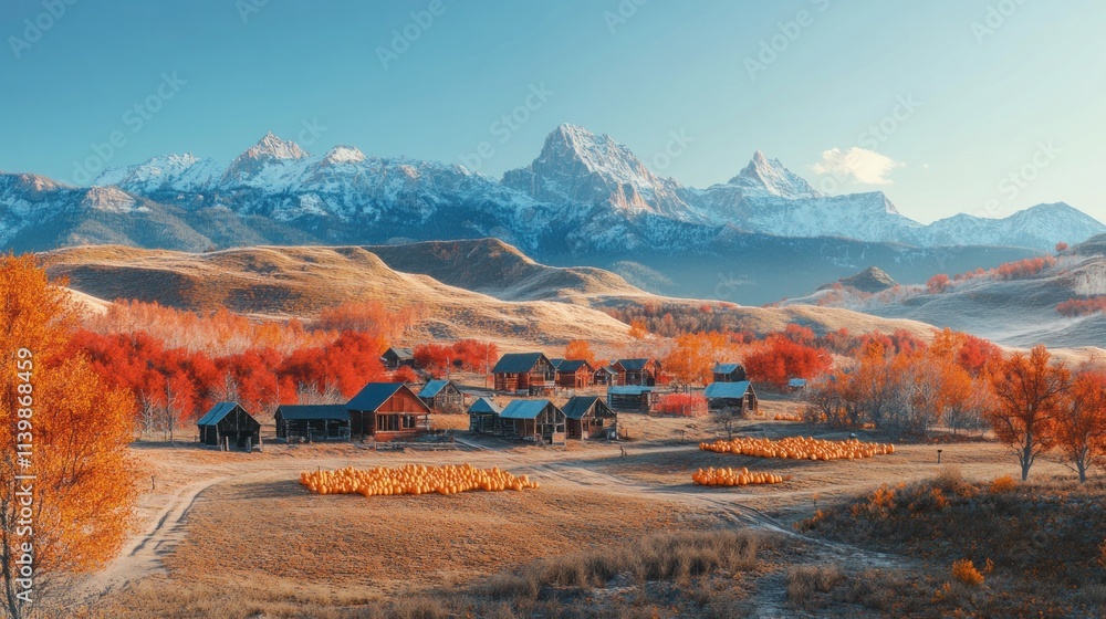 Autumnal mountain village nestled in a valley with snow-capped peaks. Colorful fall foliage surrounds rustic wooden cabins. Scenic landscape. Autumnal mountain village nestled in a valley with snow-capped peaks. Colorful fall foliage surrounds rustic wooden cabins. Scenic landscape.