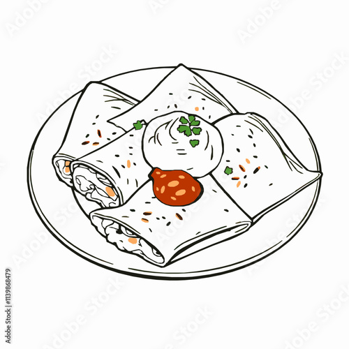 Chicken Quesadillas with Sour Cream – Black Outline Vector Illustration