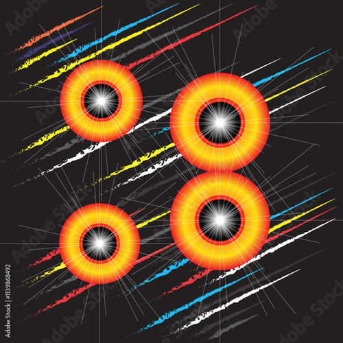black background with a pattern of colorful parallel lines with colored circles. abstract...