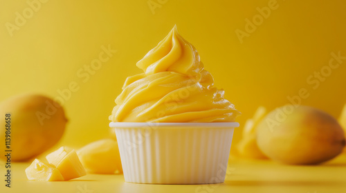 Delicious mango mousse cupcake topped with lemon zest bright colors vibrant food photography composition photo