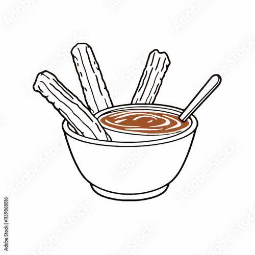 Churros with Chocolate Dipping Sauce – Black Outline Vector Illustration