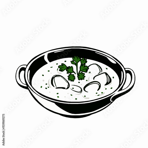 Creamy Clam Chowder with Parsley – Black Outline Vector Illustration