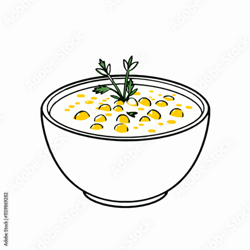 Creamy Corn Chowder with Fresh Herbs – Black Outline Vector Illustration