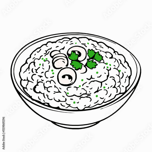 Creamy Mushroom Risotto with Parsley – Black Outline Vector Illustration