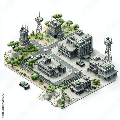 minimal isometric icon depicting military base with vehicles and towers photo