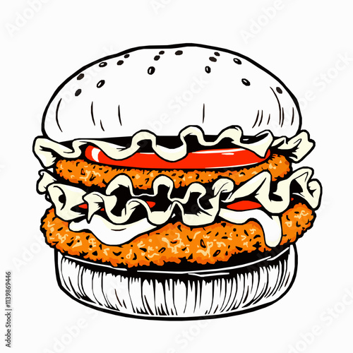Crispy Chicken Burger with Lettuce and Tomato – Black Outline Vector Illustration