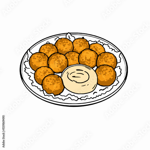 Crispy Chickpea Falafels with Tahini Sauce – Black Outline Vector Illustration