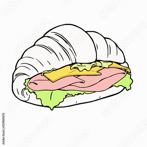 Croissant Sandwich with Ham and Cheese – Black Outline Vector Illustration photo