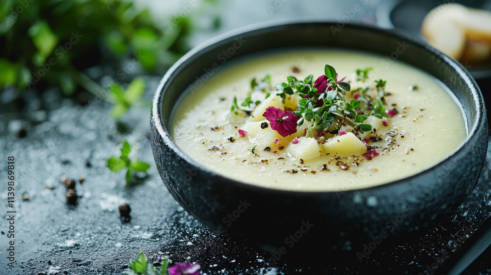 Delicious leek and potato soup garnished with fresh herbs showcasing culinary artistry and vibrant presentation Delicious leek and potato soup garnished with fresh herbs showcasing culinary artistry and vibrant presentation