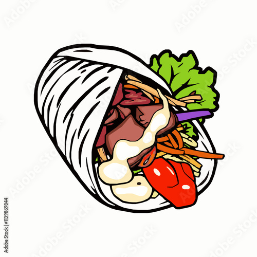 Doner Kebab Wrap with Shaved Meat – Black Outline Vector Illustration